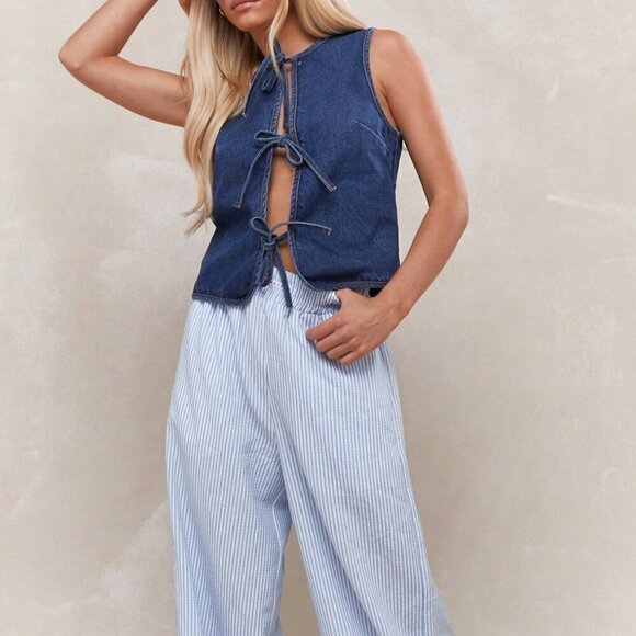 Blue Casual Women's Tie Detail Open Front Sleeveless Denim Top - Picture 4 of 4